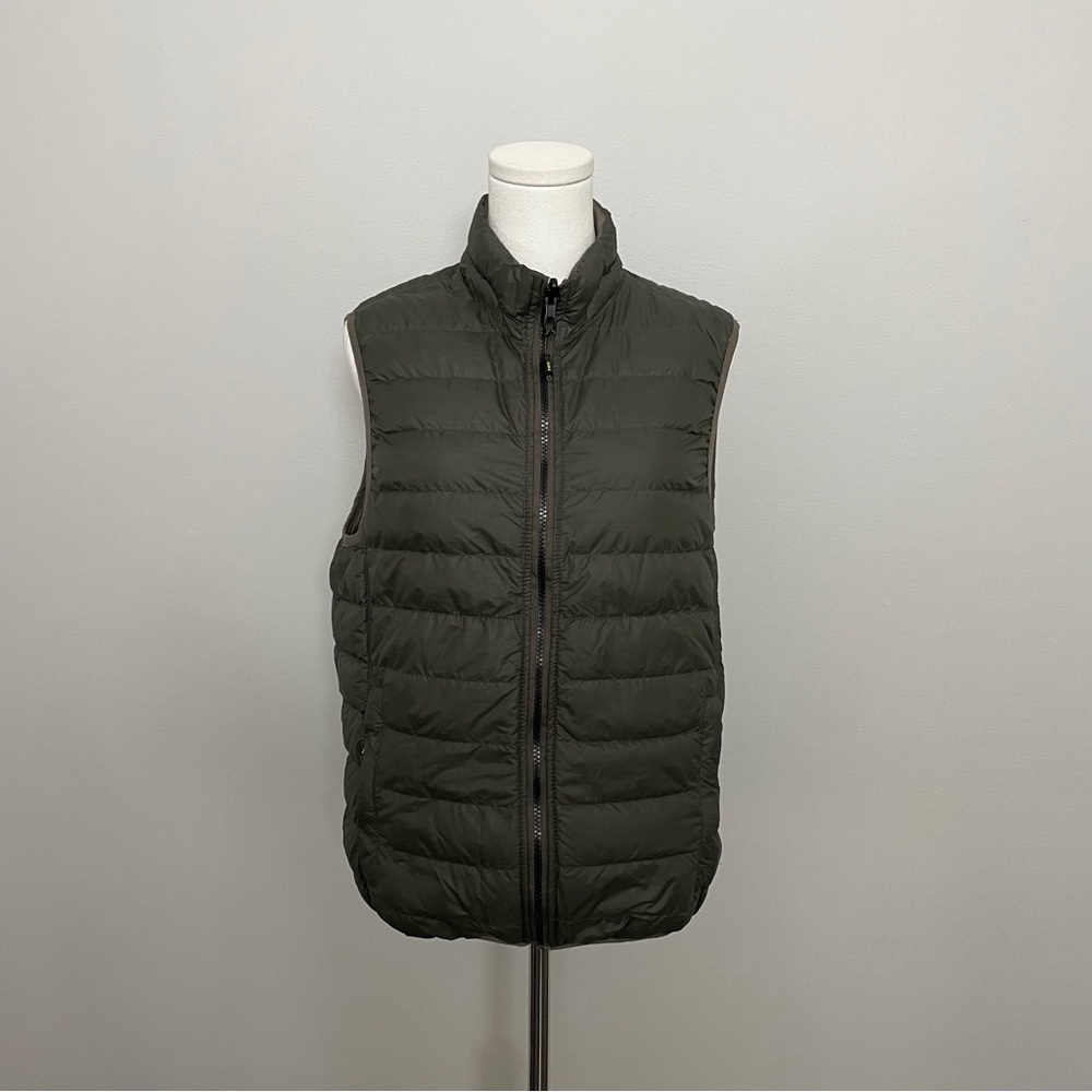 Hawk & Co Vest Puffer Reversible Duck Down Pockets Lightweight Olive Green Tan